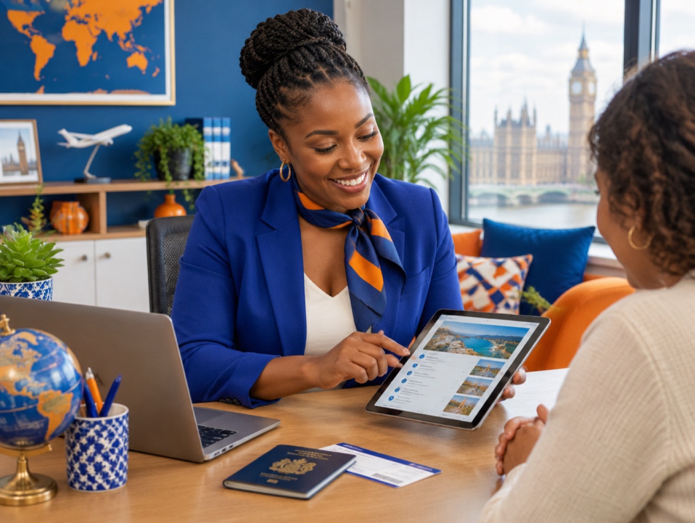 Travel consultant reviewing an itinerary with a client
